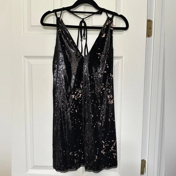 Free People Double Take Sequin Slip Mini Dress Black Rose Combo - Size XS - Picture 5 of 10